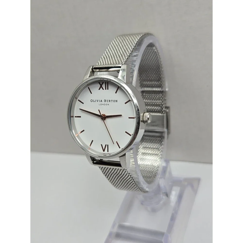 Olivia Burton London Womens Silver Mesh White Dial Quartz 30mm Watch New Battery